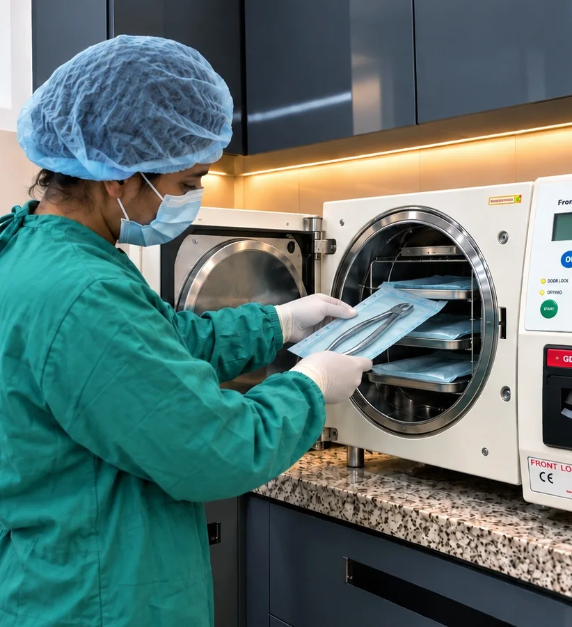 Dental assistant loading sealed instrument pouches into the Class B autoclave at Healing Touch Dental Gurgaon
