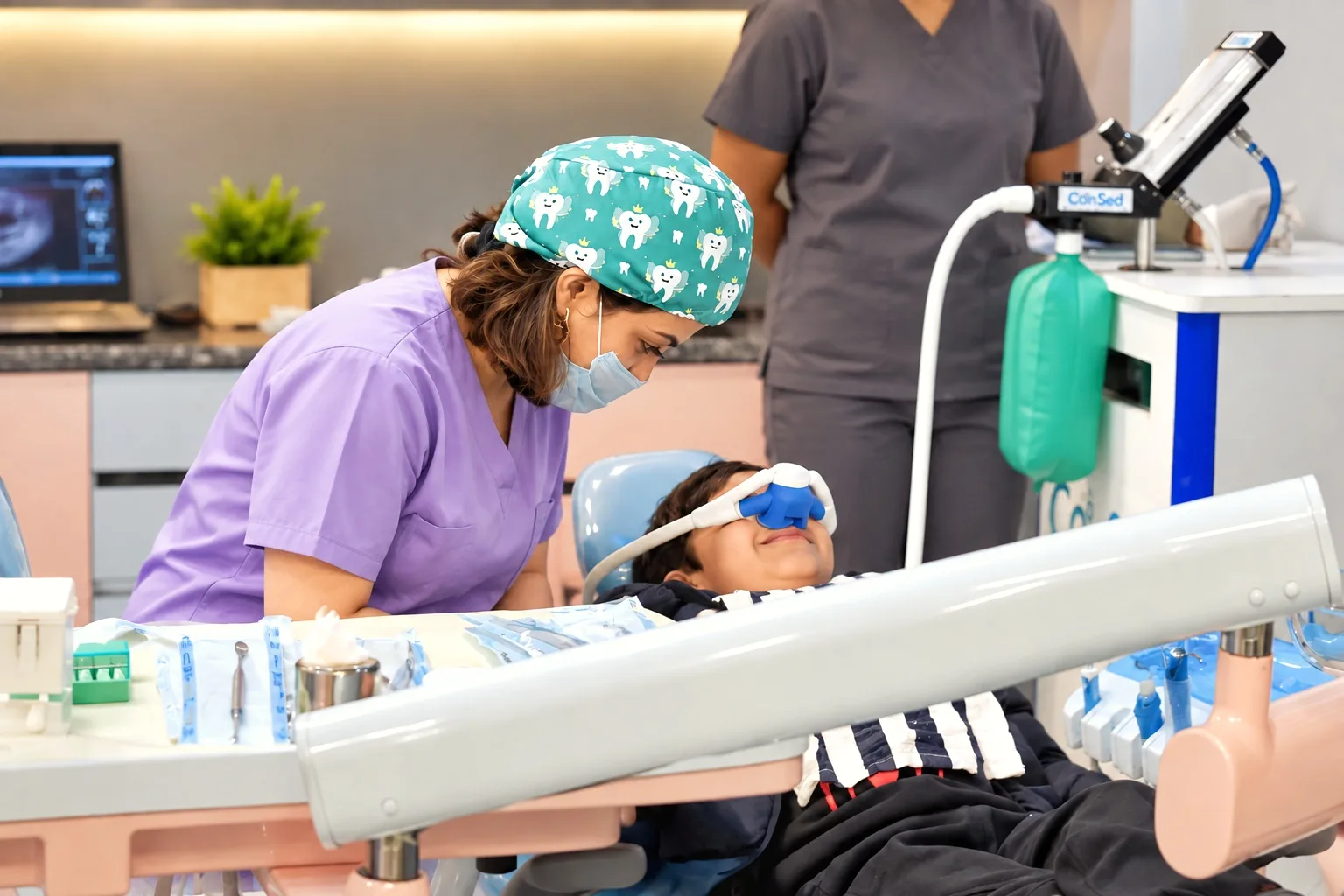 Pedodontist treating a child under laughing gas sedation in the kids operatory at Healing Touch Dental Gurgaon