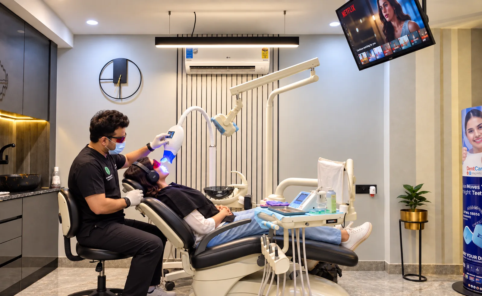 Dr. Shrey Nandi performing laser teeth whitening while the patient relaxes with headphones at Healing Touch Dental Gurgaon