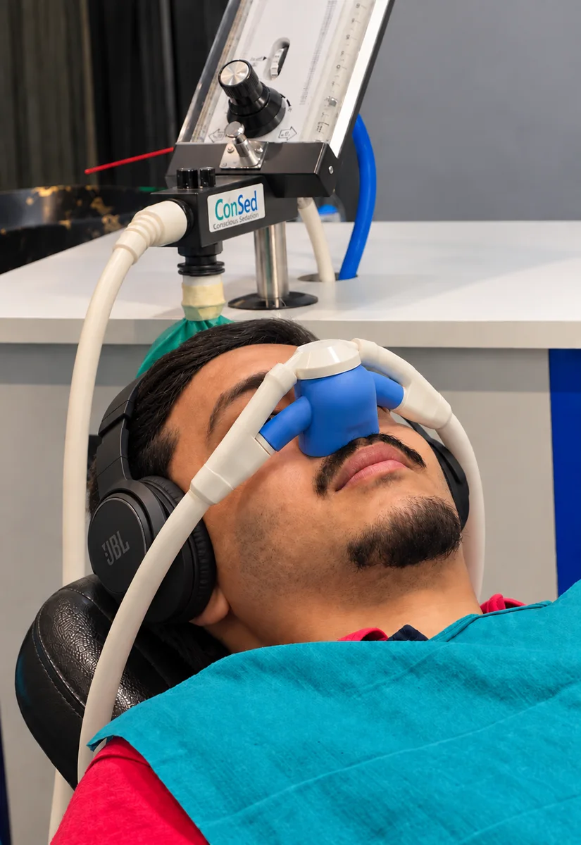 Patient relaxing with headphones and a ConSed laughing gas nasal mask during sedation dentistry at Healing Touch Dental Gurgaon